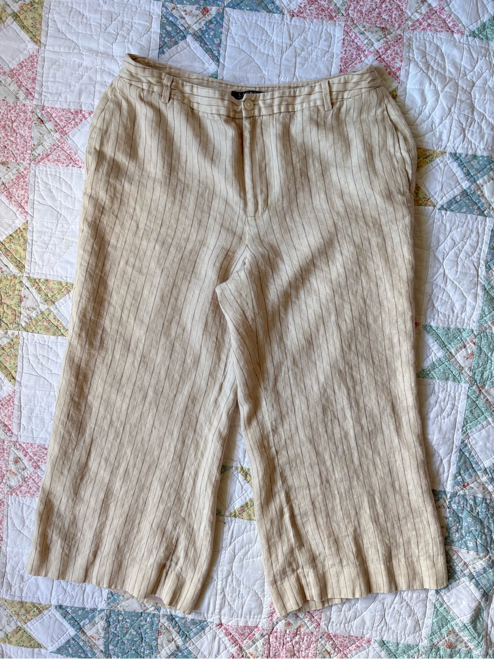 Lauren Ralph Lauren 100% Linen Pinstripe Culottes Wide Leg Pants 12 Beige Cream